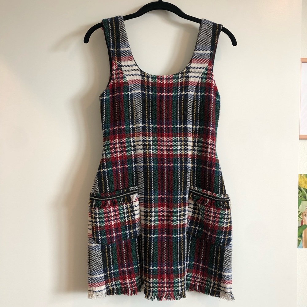 Zara TRF Collection Plaid Dress with cute pocket and fringe details.